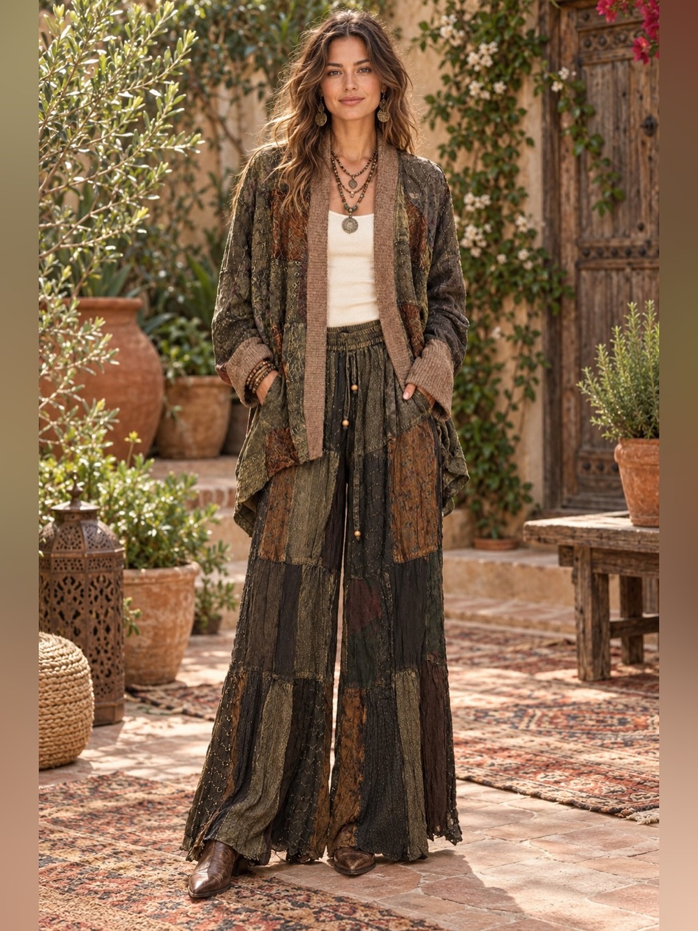 H023 NWT Young Threads M w13-20 Boho Patchwork in Olive Brown wide leg pants